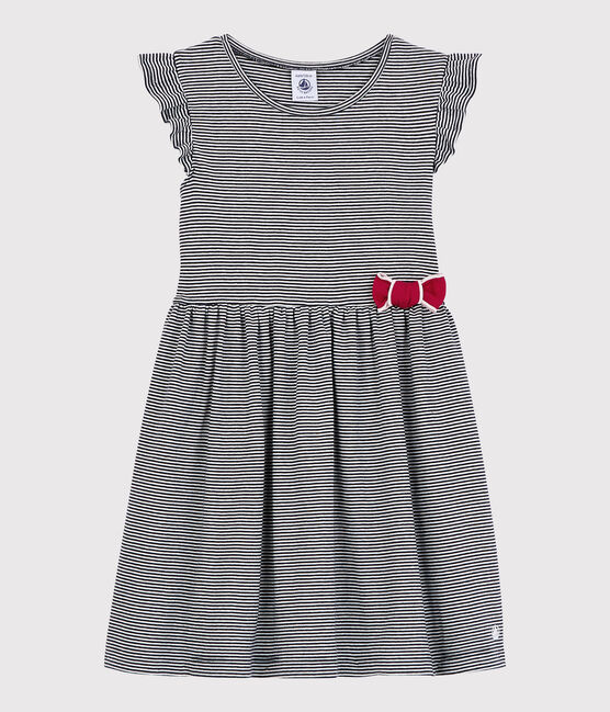 Kurzärmeliges Kinder-Kleid aus Baumwolle für Mädchen blau SMOKING/weiss MARSHMALLOW