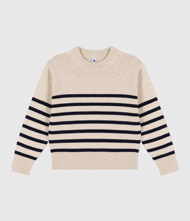 Damenpullover aus Wolle mit Marinestreifen naturfarben/blau