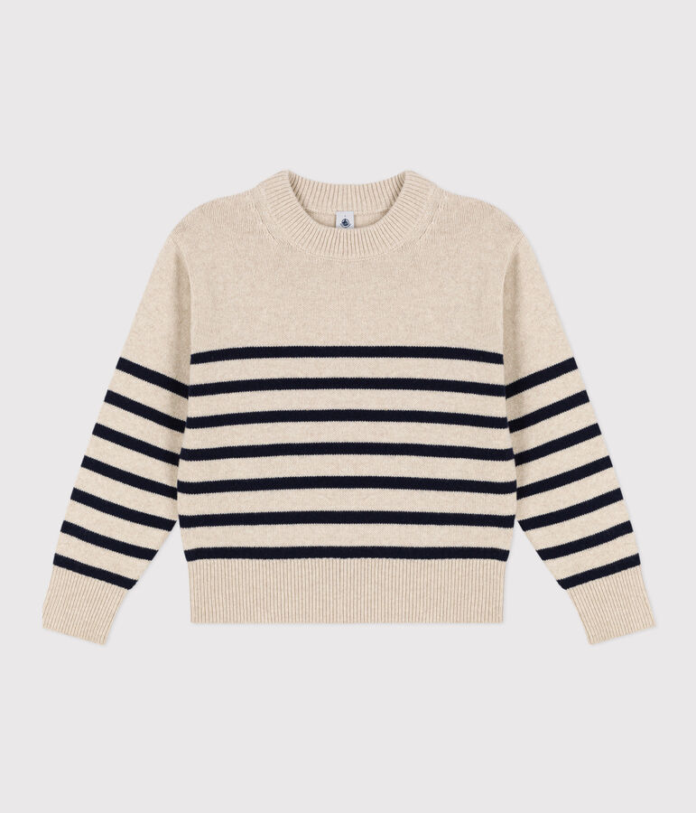 Damenpullover aus Wolle mit Marinestreifen naturfarben/blau