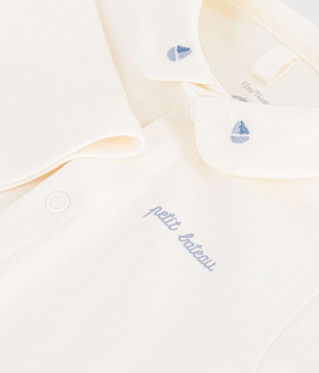 Lang&auml;rmeliger Baby-Body aus einfarbiger Baumwolle mit besticktem Kragen. blau/blau