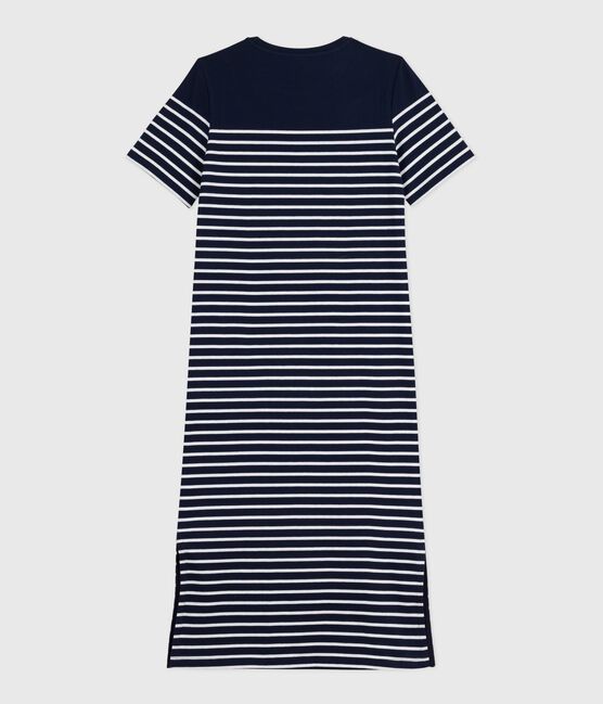 Langes Damen-Kleid aus Baumwolle mit Streifen blau SMOKING/weiss MARSHMALLOW