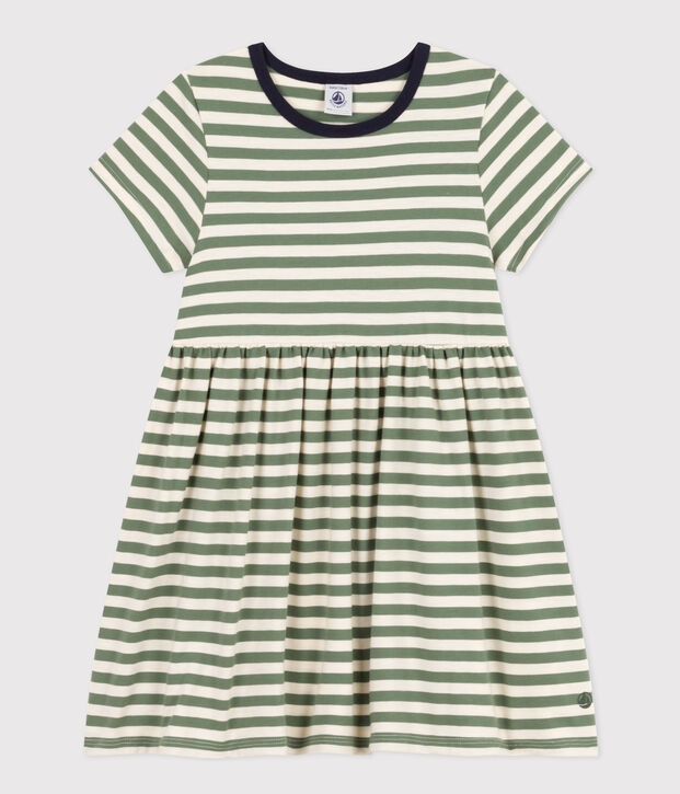 Kurz&auml;rmeliges gestreiftes Kleid aus Baumwolle Kinder/M&auml;dchen gr&uuml;n/naturfarben