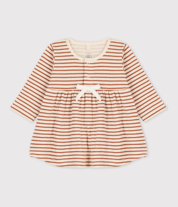 Gestreiftes Babykleid aus Baumwoll-Doppeljersey naturfarben/braun/naturfarben