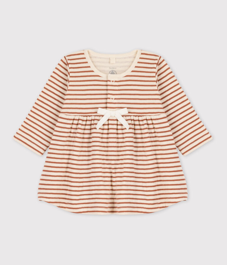 Gestreiftes Babykleid aus Baumwoll-Doppeljersey naturfarben/braun/naturfarben