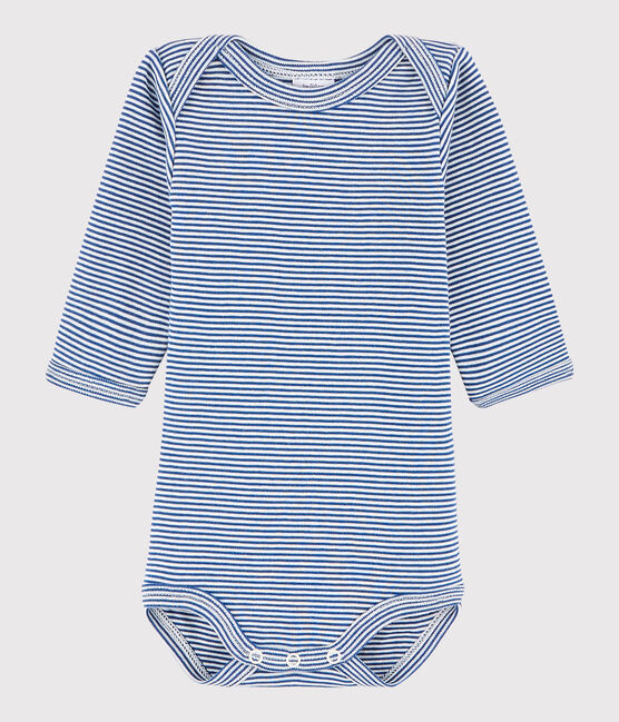 Langärmeliger Baby-Body Mädchen/Jungen blau LIMOGES/weiss MARSHMALLOW