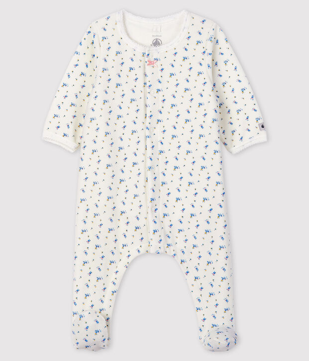 Baby-Bodyjama aus Velours mit Bl&uuml;mchen-Motiv f&uuml;r M&auml;dchen weiss/vielfarbig