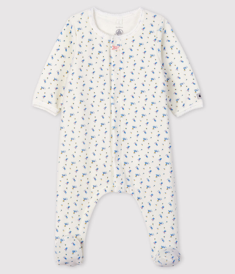 Baby-Bodyjama aus Velours mit Bl&uuml;mchen-Motiv f&uuml;r M&auml;dchen weiss MARSHMALLOW/weiss MULTICO