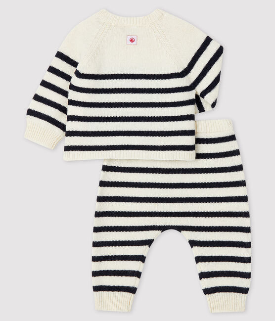 Gestreifter Baby-Zweiteiler aus Strick mit Wollanteil weiss MARSHMALLOW/blau SMOKING