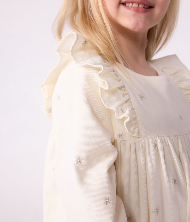 Lang&auml;rmeliges Kinder-Kleid aus einfarbigem Fein-Cord. naturfarben/grau