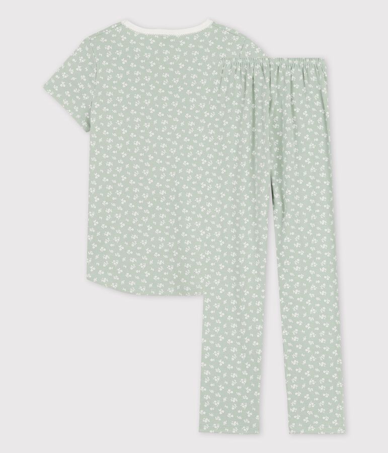 Kurz&auml;rmeliger Kinderpyjama aus Baumwolle mit Blumen f&uuml;r M&auml;dchen gr&uuml;n/weiss