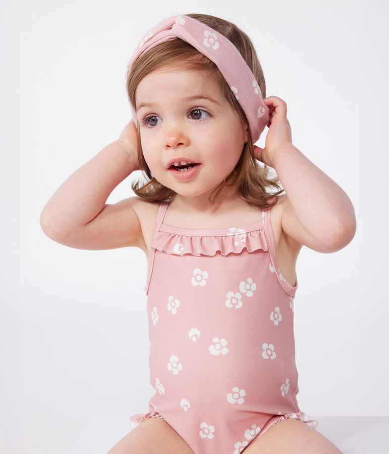 Einteiliger Baby-Badeanzug mit R&uuml;schen und Blumenmuster rosa/weiss