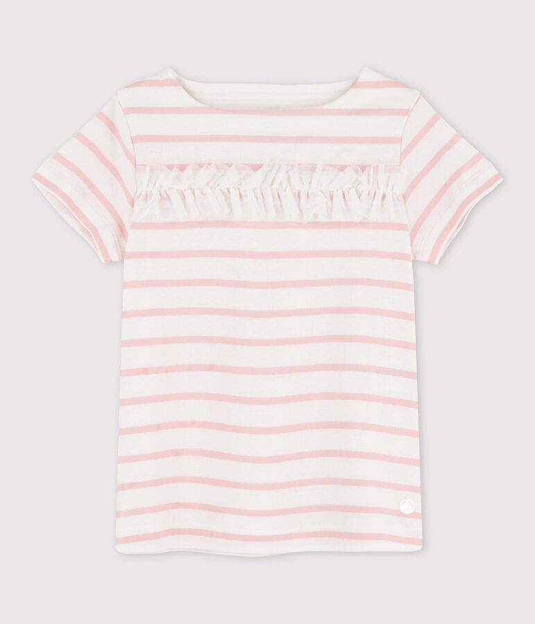 Kurz&auml;rmliges Kinder-T-Shirt aus Baumwolle f&uuml;r M&auml;dchen weiss MARSHMALLOW/rosa MINOIS