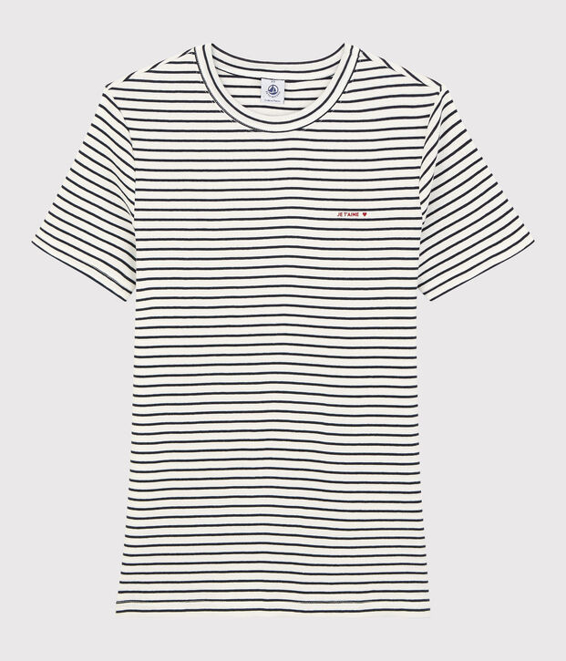 Damen-T-Shirt aus gestreifter Baumwolle mit Je t'aime-Schriftzug weiss/blau