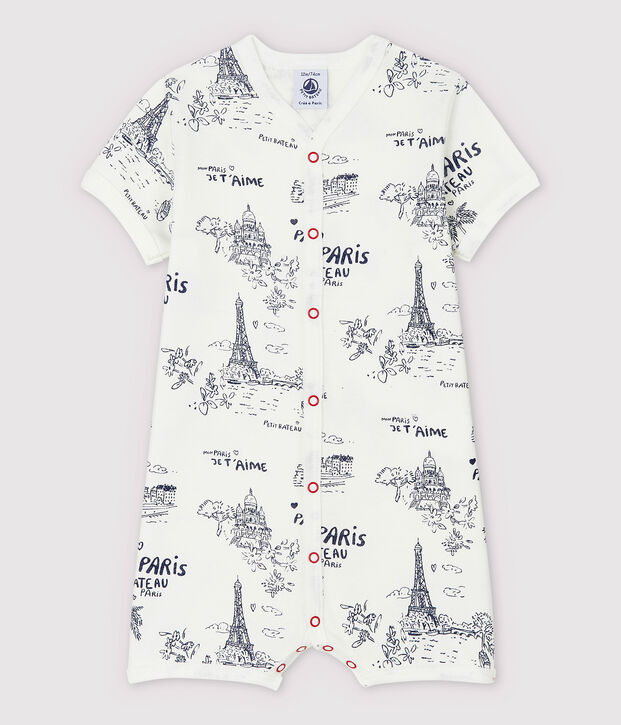 Baby-Einteiler aus Baumwolle mit Paris-Motiv im Toile-de-Jouy-Stil weiss/blau