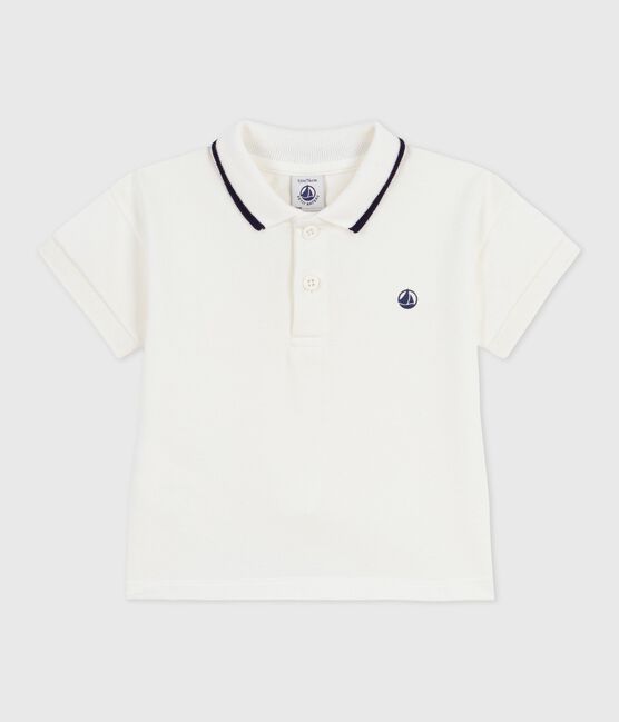 Kurzärmeliges Baby-Poloshirt aus einfarbiger Baumwolle weiss MARSHMALLOW