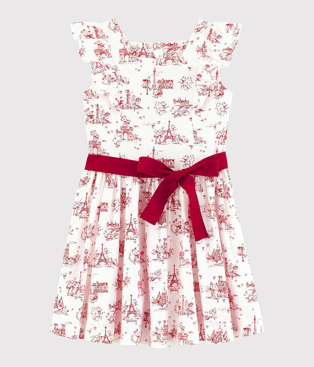 Kurz&auml;rmeliges Kinder-Kleid aus Popeline f&uuml;r M&auml;dchen weiss/rot