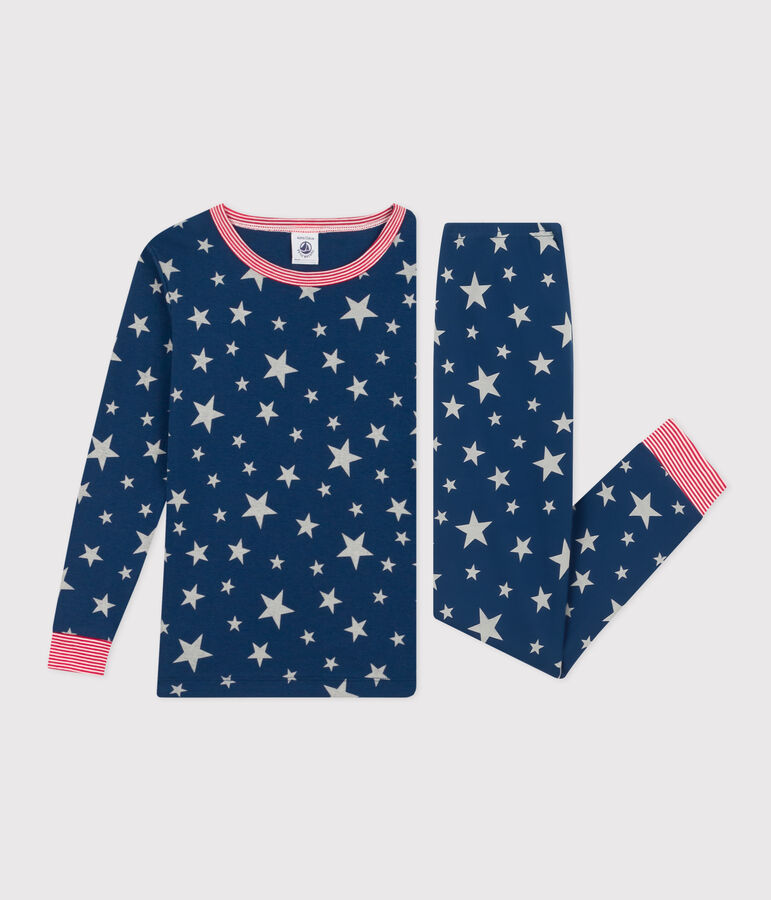 K&ouml;pernaher Kinderpyjama mit Leuchteffekt aus Baumwolle mit Sternenprint blau/weiss