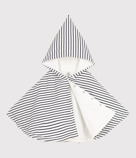 Gestreiftes Baby-Cape aus Baumwolle mit Kapuze weiss MARSHMALLOW/blau SMOKING