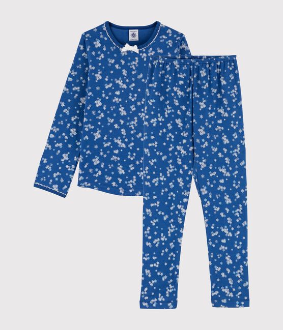 Rippstrick-Pyjama mit Schneeflocken-Print für kleine Mädchen. blau MAJOR/weiss ECUME