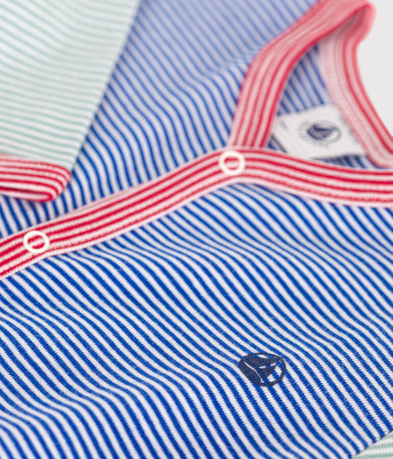 Strampler ohne F&uuml;&szlig;chen aus gestreifter Baumwolle blau/weiss