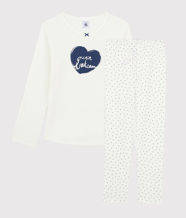 Kinderpyjama aus Rippstrick mit Mini-Herzchen, f&uuml;r M&auml;dchen weiss/blau