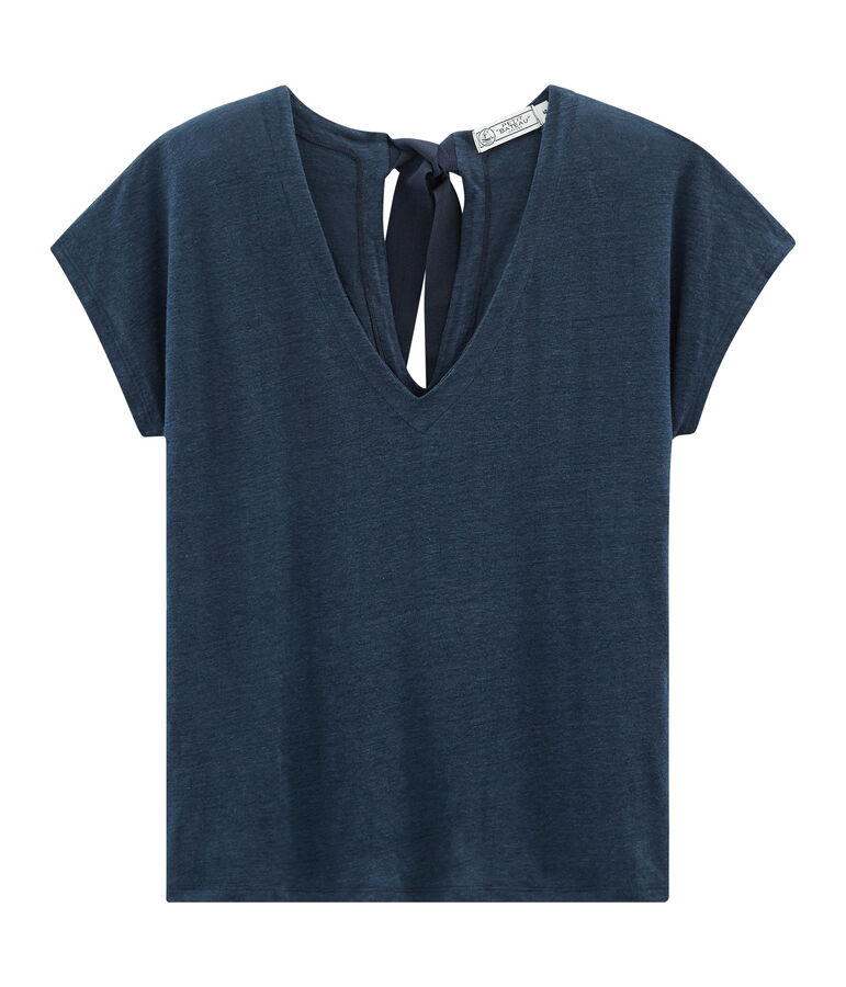 Kurz&auml;rmeliges leinen-t-shirt damen blau