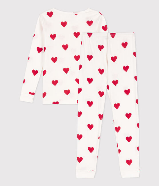 Körpernah geschnittener Pyjama aus Baumwolle für kleine Mädchen/kleine Jungen, mit Herzen weiss MARSHMALLOW/rot TERKUIT