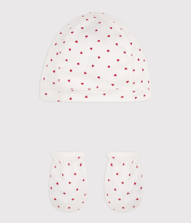 Baby-M&uuml;tzchen und -F&auml;ustlinge aus Baumwolle mit Herzmotiv vielfarbig