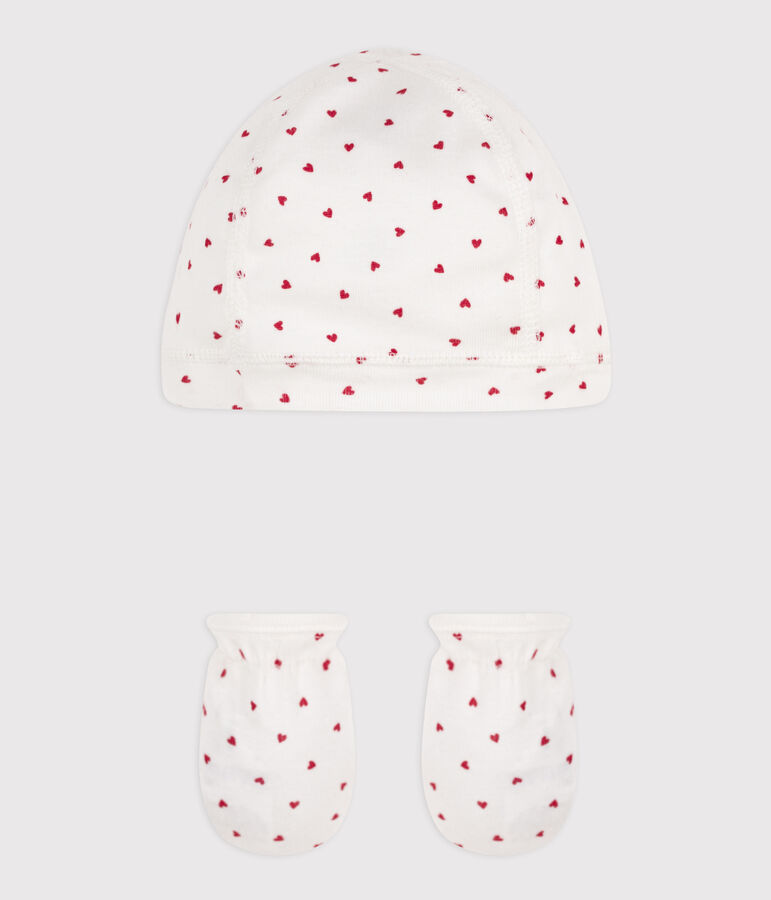 Baby-M&uuml;tzchen und -F&auml;ustlinge aus Baumwolle mit Herzmotiv vielfarbig