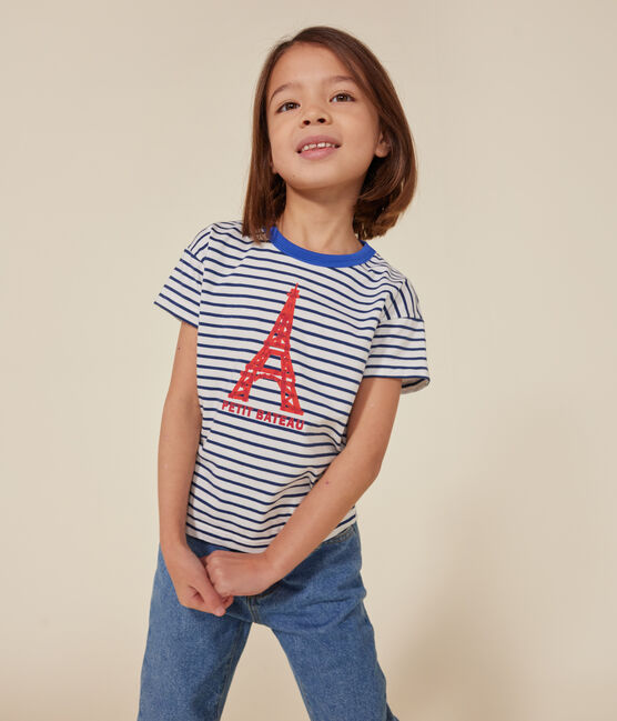 Kurzärmeliges Kinder-T-Shirt aus Jersey weiss MARSHMALLOW/blau MEDIEVAL
