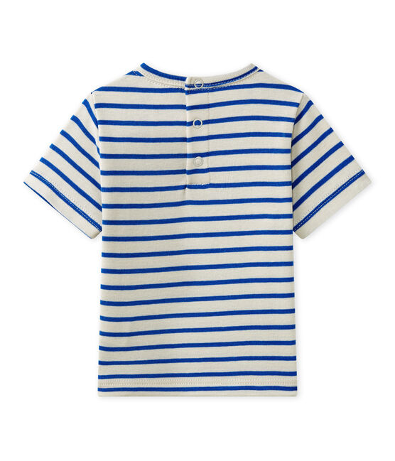 Gestreiftes Baby-Jungen-Kurzarmshirt weiss FETA/blau PERSE