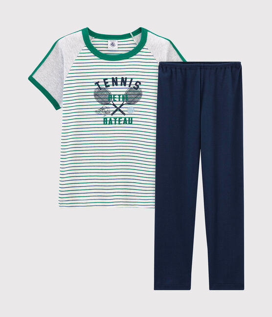 Kurzärmeliger Rippstrick-Pyjama für kleine Jungen weiss MARSHMALLOW/weiss MULTICO