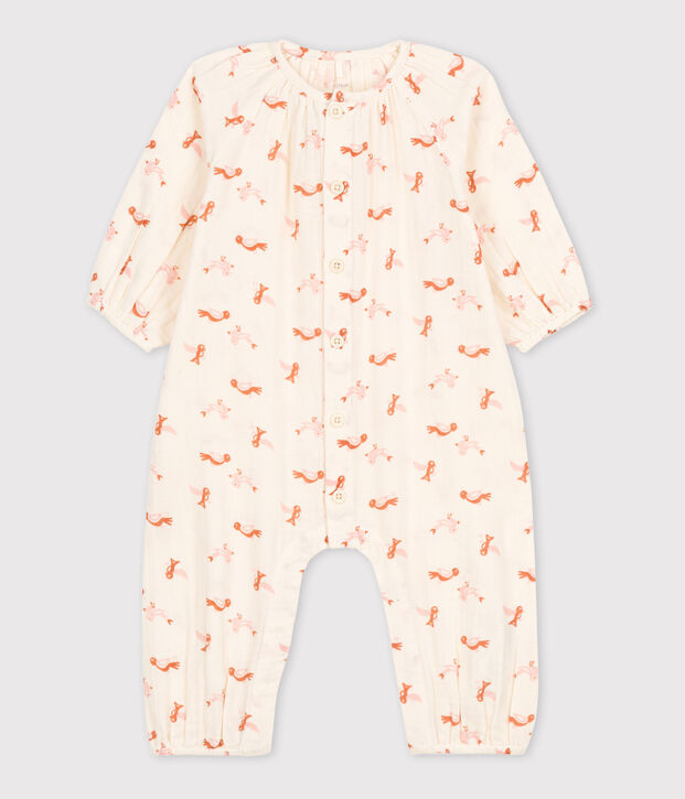 Langer Baby-Overall aus Baumwollgaze mit Vogelmotiv naturfarben/vielfarbig