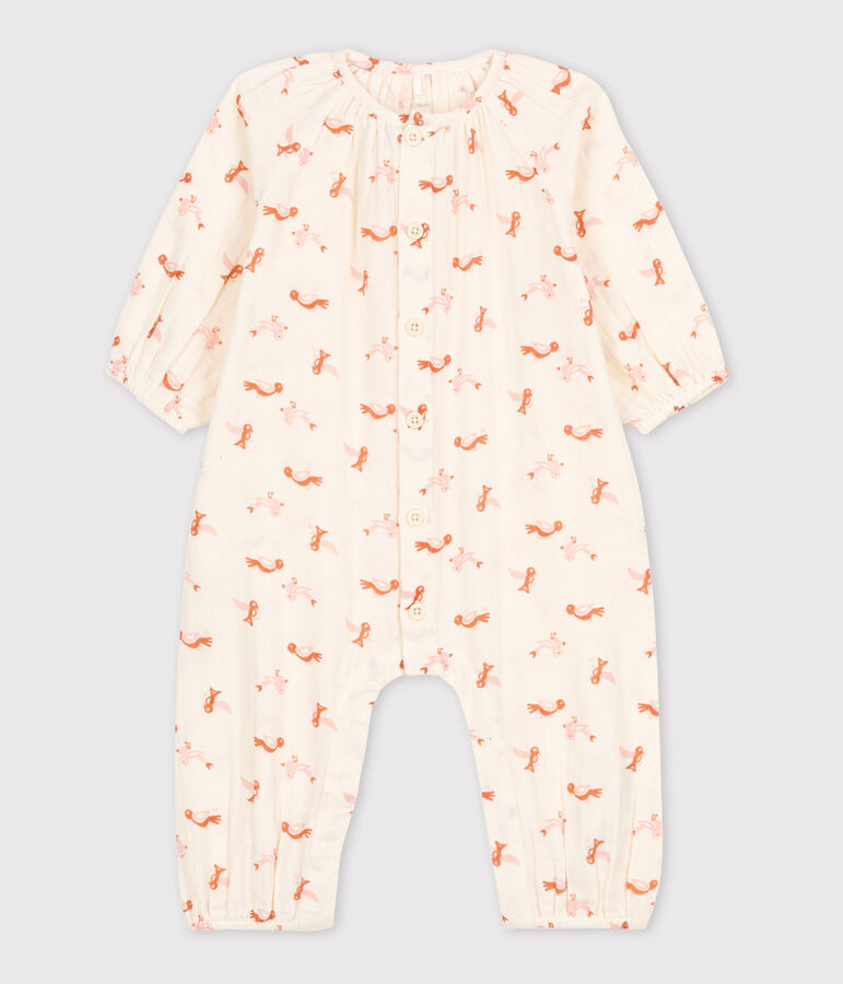 Langer Baby-Overall aus Baumwollgaze mit Vogelmotiv naturfarben/vielfarbig