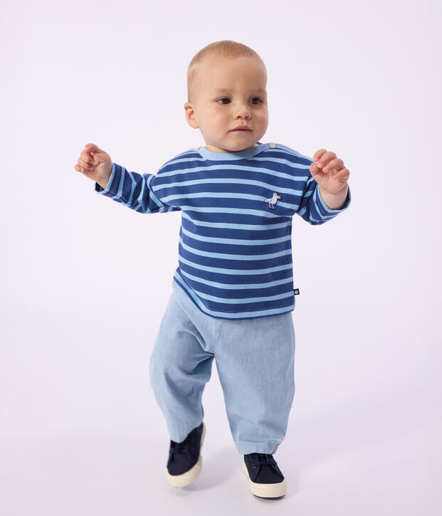 Baby-Streifenshirt aus Baumwolle mit M&ouml;wenaufn&auml;her blau/blau