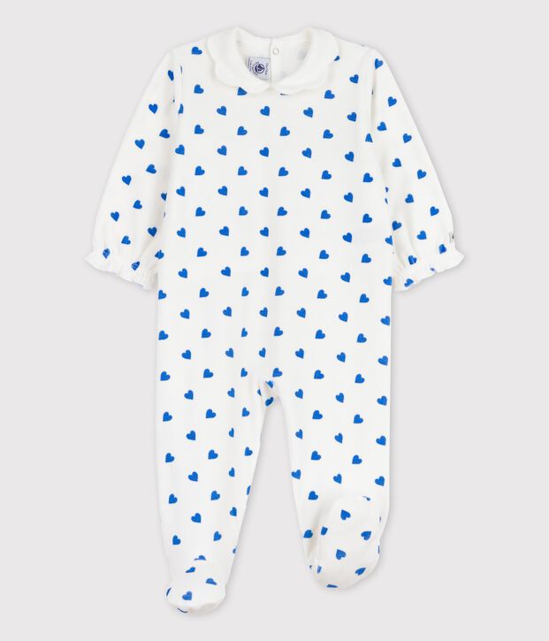 Baby-Strampler aus Nicki mit kleinen blauen Herzen weiss/blau
