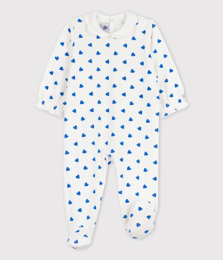 Baby-Strampler aus Nicki mit kleinen blauen Herzen weiss MARSHMALLOW/blau BRASIER