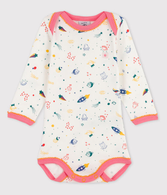 Langärmliger Baby-Body für Mädchen weiss MARSHMALLOW/rosa GRETEL/ MULTICO