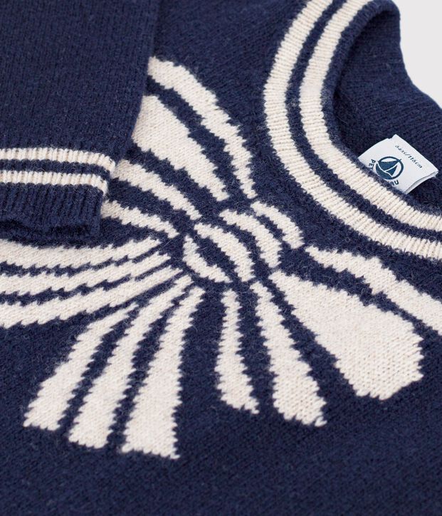 Kinder-Pullover aus Wolle und Baumwolle mit Schleifenmotiv blau/beige