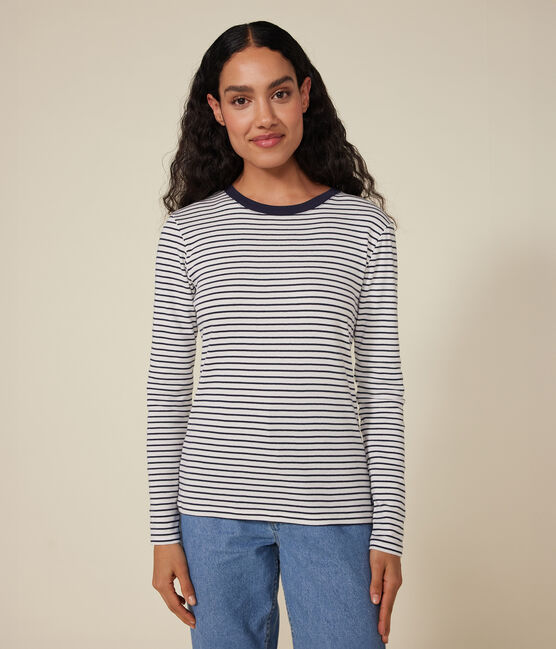 Langärmeliges Damen-T-Shirt "L'Iconique" aus gestreiftem Rippstrick weiss MARSHMALLOW/blau SMOKING