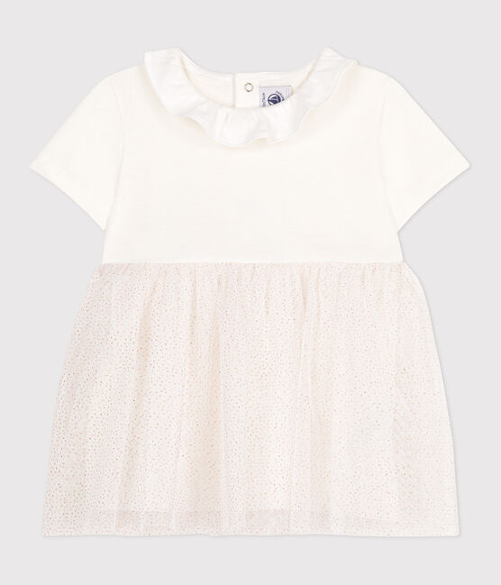 Kurzärmeliges Baby-Kleid aus Baumwolle und Tüll mit Halskrause weiss MARSHMALLOW/rosa COPPER