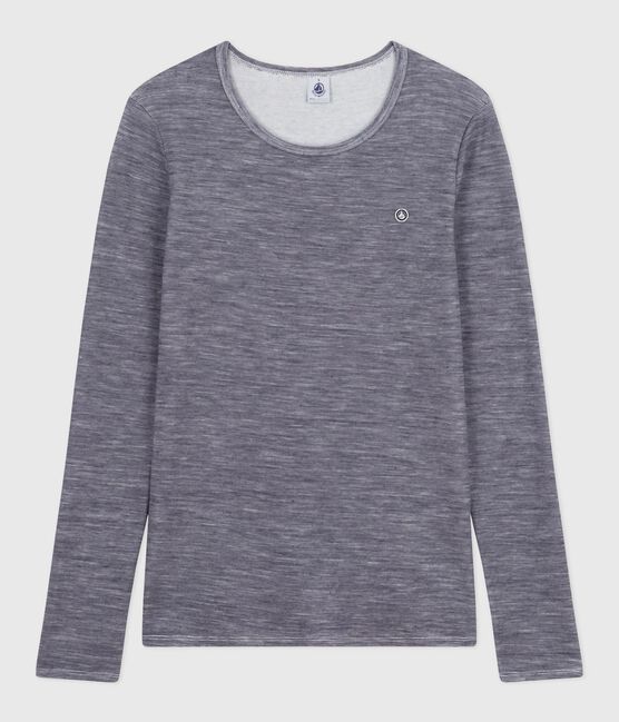 Langärmeliges Damen-T-Shirt aus Wolle und Baumwolle mit Streifen blau SOIR/ MARSHMALLOW