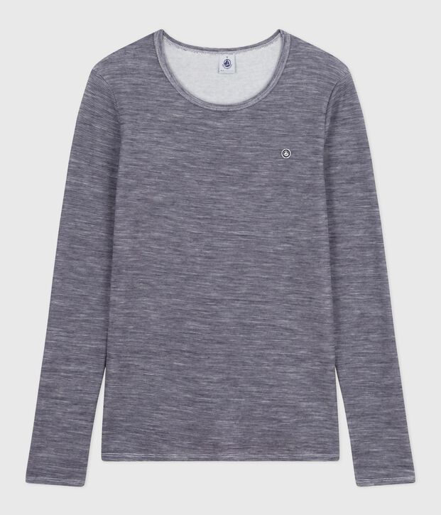 Lang&auml;rmeliges Damen-T-Shirt aus Wolle und Baumwolle mit Streifen blau/weiss