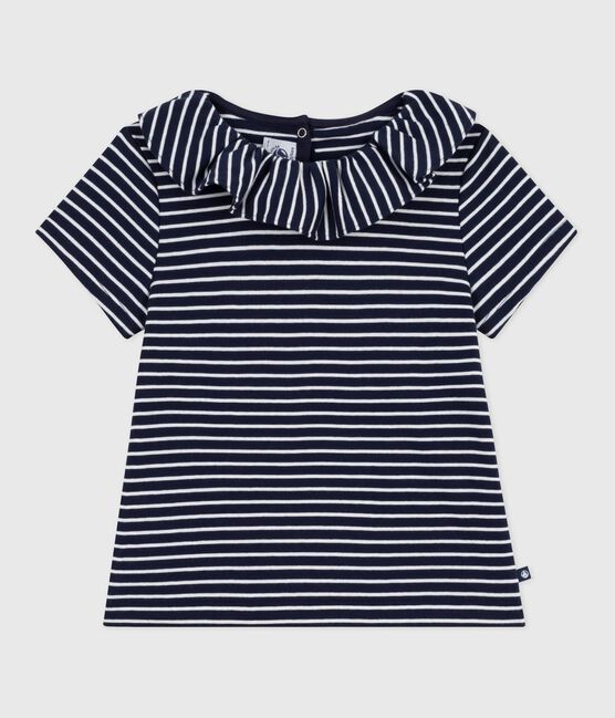 Kurzärmeliges Kinder-T-Shirt mit Streifen blau SMOKING/weiss MARSHMALLOW