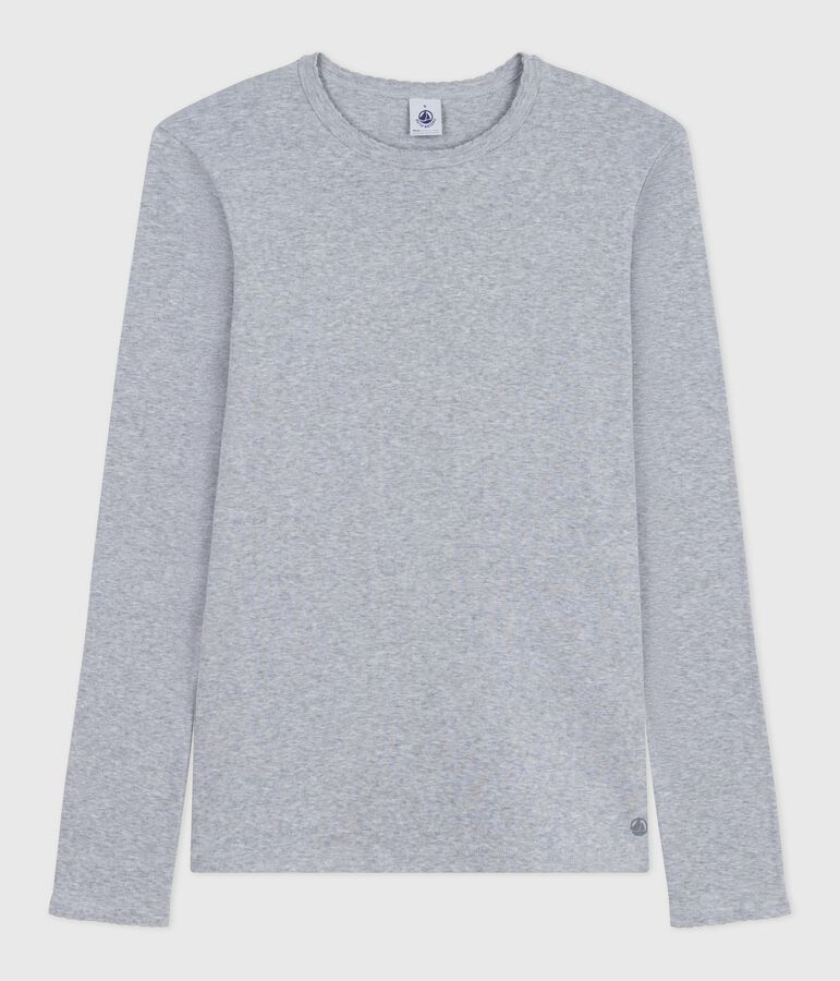 Lang&auml;rmeliges Damen-T-Shirt L&rsquo;Iconique aus Baumwolle mit Picotkante grau