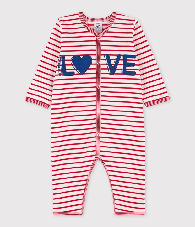 Baby-Strampler (ohne F&uuml;&szlig;e) aus Molton weiss/rot