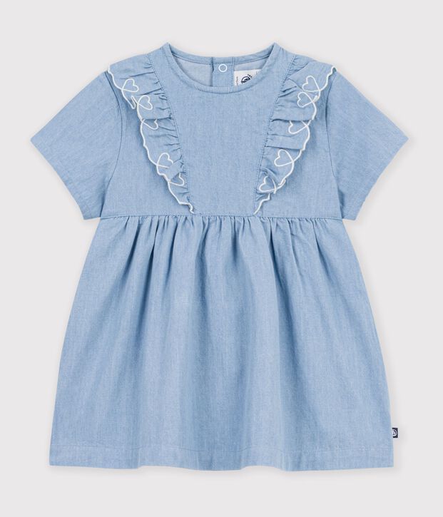 Kurz&auml;rmeliges Chambray-Babykleid mit Herzstickerei blau