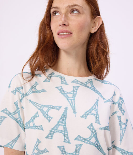 Damen-Kurzpyjama aus Baumwolle mit Eiffelturm weiss MARSHMALLOW/weiss MULTICO