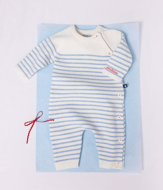 Baby-Overall aus Woll- und Baumwollstrick mit Streifen blau/blau
