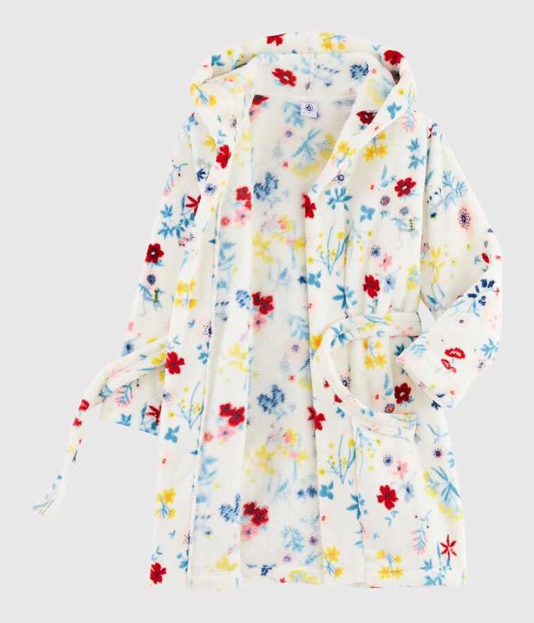 Fleece-Morgenmantel mit Blumenmuster f&uuml;r M&auml;dchen weiss/vielfarbig